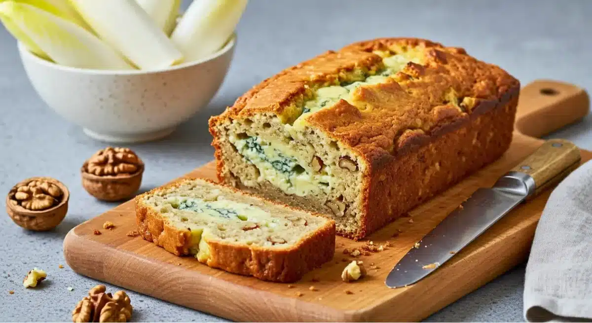 Cake salé au fromage et aux noix tranché sur une planche en bois.