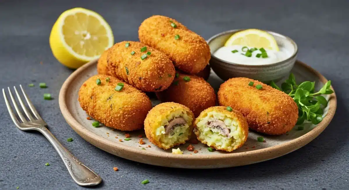 Croquettes croustillantes aux sardines servies avec une sauce et du citron.