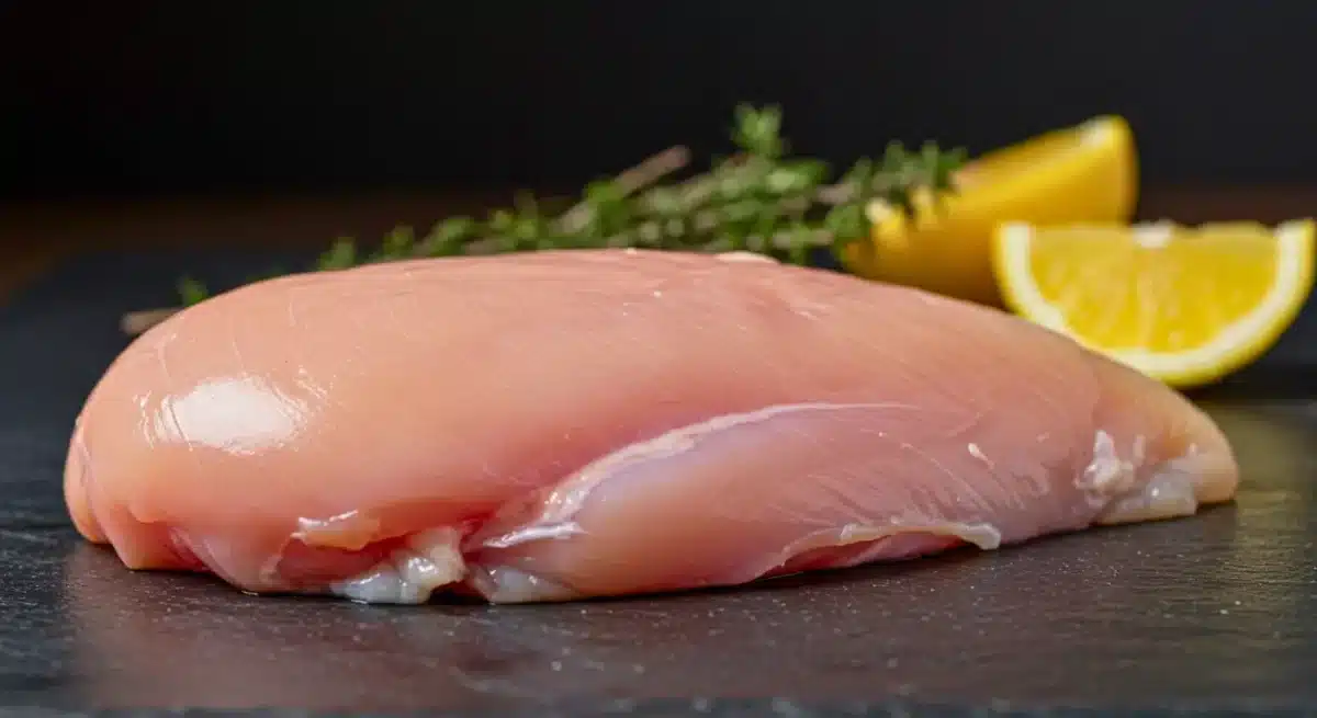 Blanc de poulet cru posé sur une surface avec citron et herbes.