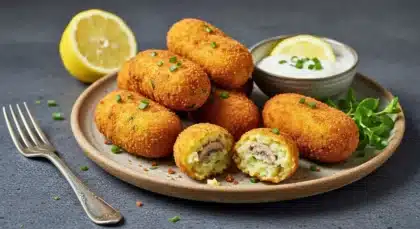 Croquettes croustillantes aux sardines servies avec une sauce et du citron.