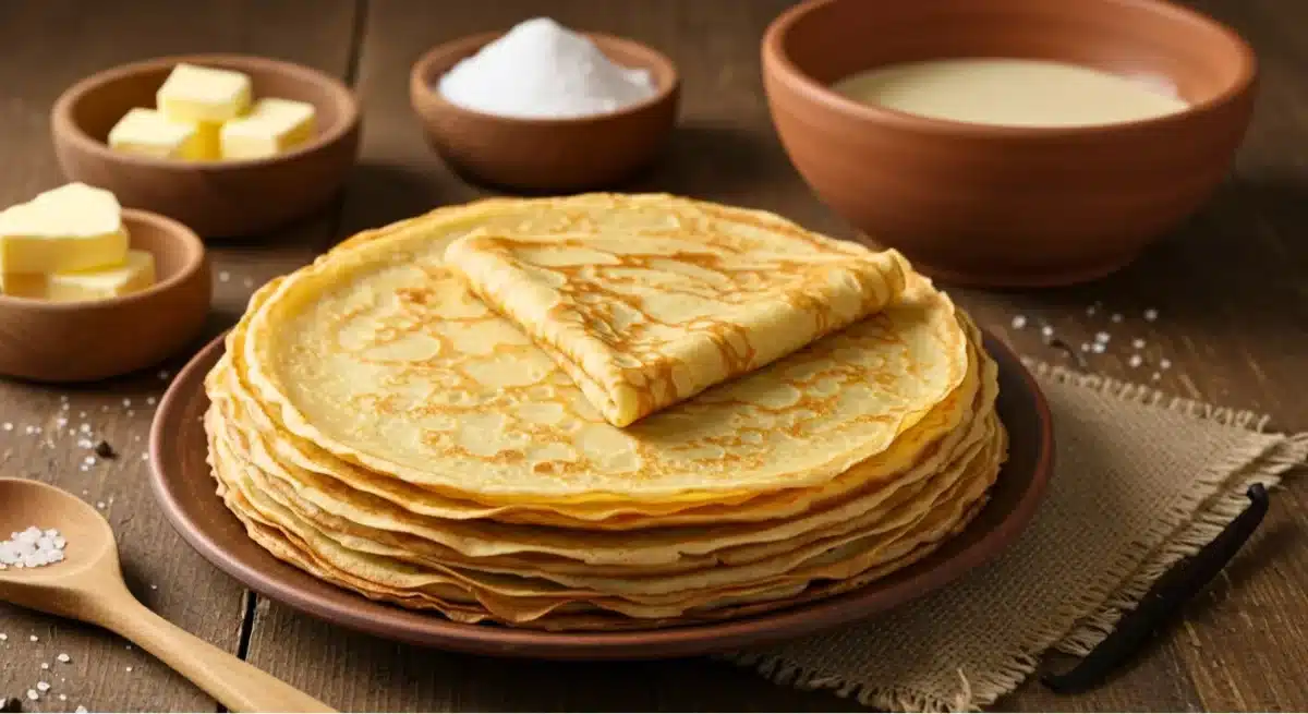 Pile de crêpes maison fines et dorées avec ingrédients pour la préparation.
