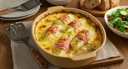 Endives au jambon gratinées avec une sauce béchamel et du fromage fondu.