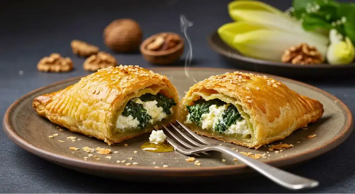 Feuilletés croustillants garnis de feta et d’épinards, coupés en deux.