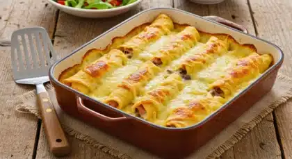 Ficelles picardes gratinées dans un plat, crêpes roulées garnies de jambon, champignons et fromage.