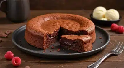 Gâteau au chocolat avec cœur fondant coupé en part, servi sur une assiette avec des framboises.