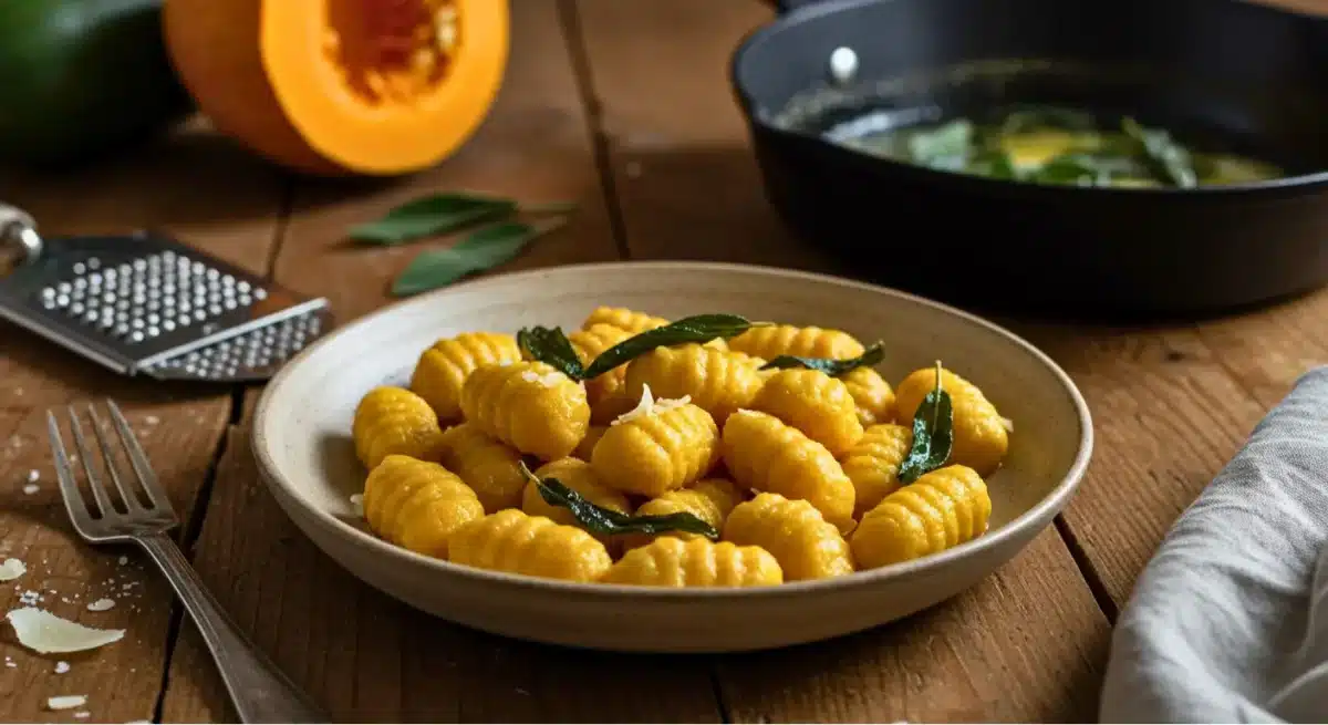 Gnocchis à la citrouille servis avec des feuilles de sauge et du parmesan.