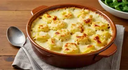 Gratin de tortelloni au fromage doré au four dans un plat en terre cuite.