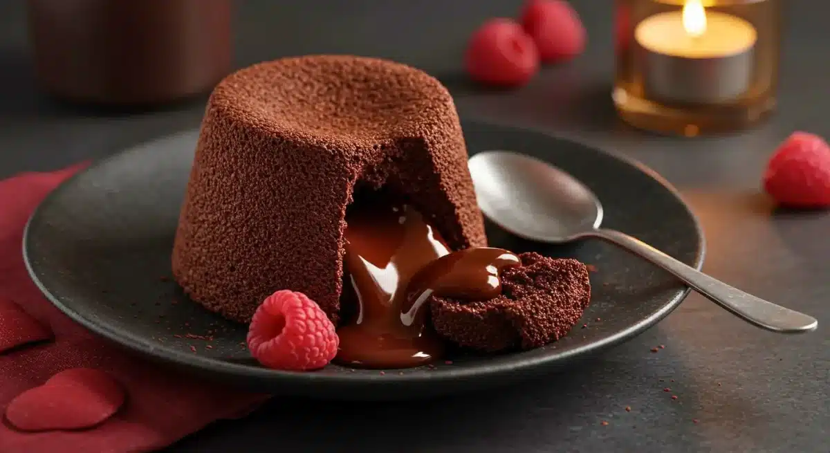 Fondant au chocolat avec cœur coulant servi avec des framboises.