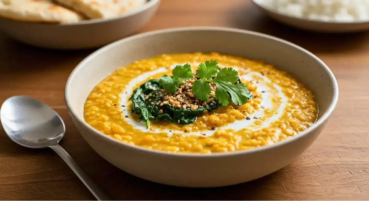 Bol de lentilles au lait de coco garnies d’herbes fraîches.