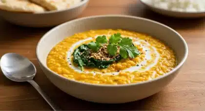 Bol de lentilles au lait de coco garnies d’herbes fraîches.