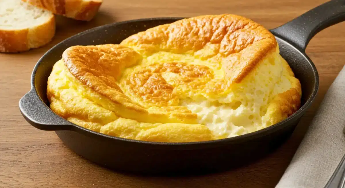 Omelette soufflée épaisse et moelleuse cuite dans une poêle.