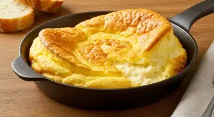 Omelette soufflée épaisse et moelleuse cuite dans une poêle.
