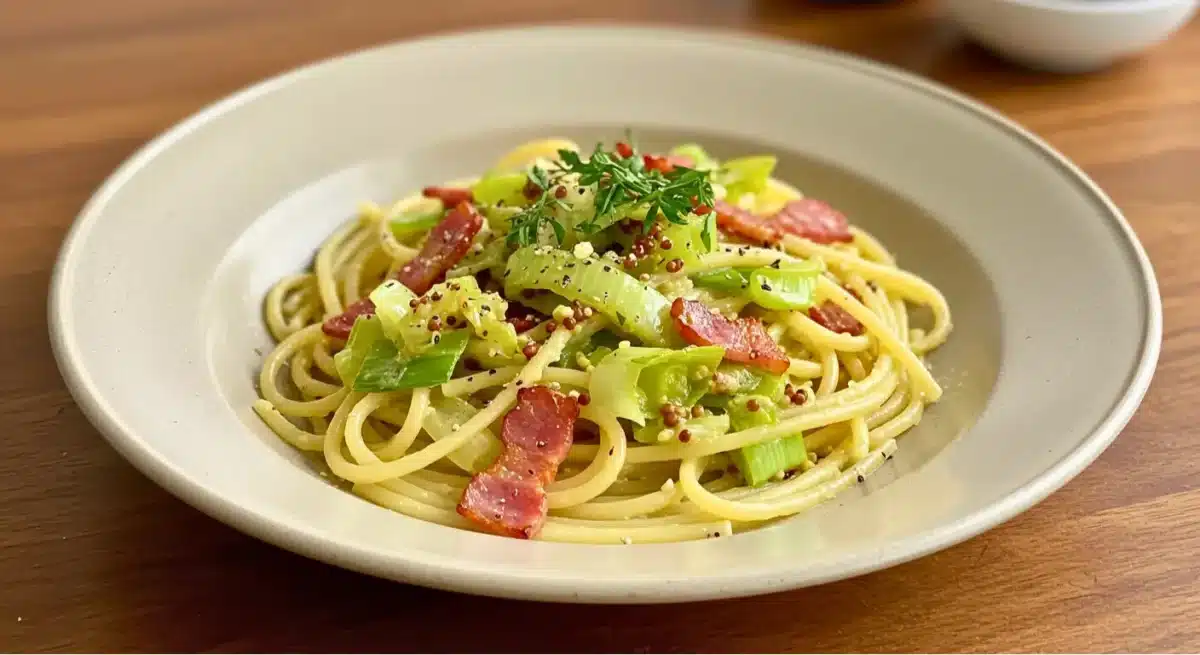 Assiette de pâtes aux poireaux et bacon, garnies d’herbes fraîches.