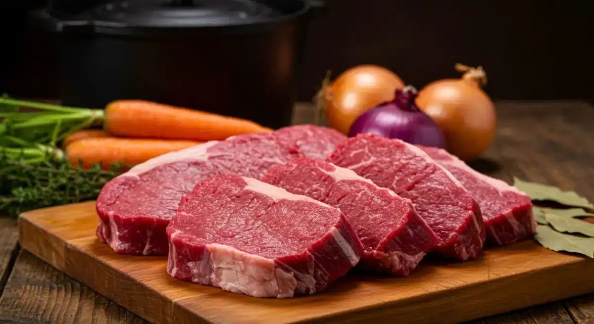 Pièces de bœuf crues disposées sur une planche avec légumes et herbes.