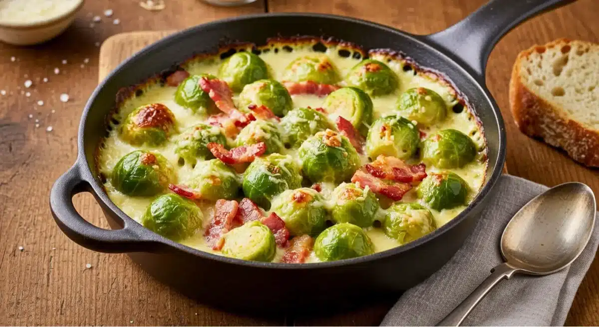 Gratin de choux de Bruxelles au bacon et fromage fondu dans une poêle.