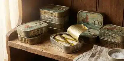 Boîtes de sardines en conserve avec une boîte ouverte montrant les poissons.