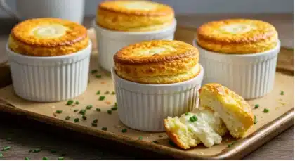 Soufflés au fromage de chèvre dorés dans des ramequins, à la texture aérienne.