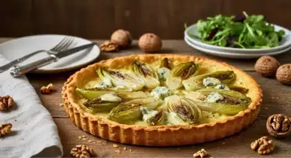 arte aux endives et fromage bleu sur une pâte dorée.