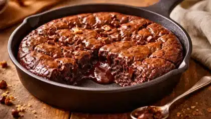 Brownie fondant au chocolat cuit à la poêle, avec cœur coulant et pépites de chocolat visibles.