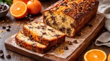 Cake aux clémentines et pépites de chocolat noir, moelleux et doré, coupé en tranches sur une planche en bois avec des clémentines fraîches.