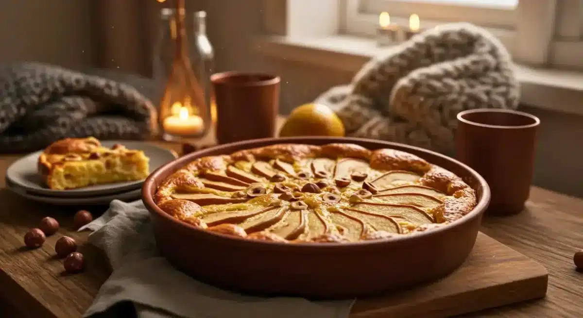 Clafoutis d’hiver à la poire, fondant et doré, servi dans un plat en céramique dans une ambiance chaleureuse