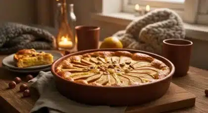 Clafoutis d’hiver à la poire, fondant et doré, servi dans un plat en céramique dans une ambiance chaleureuse