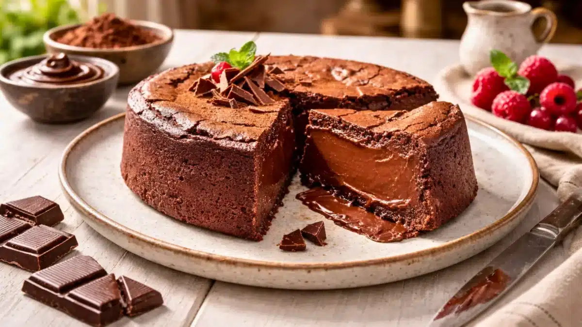 Gâteau au chocolat sans œufs avec une part coupée révélant un cœur dense et fondant, texture type fudge, présenté sur une assiette en céramique.