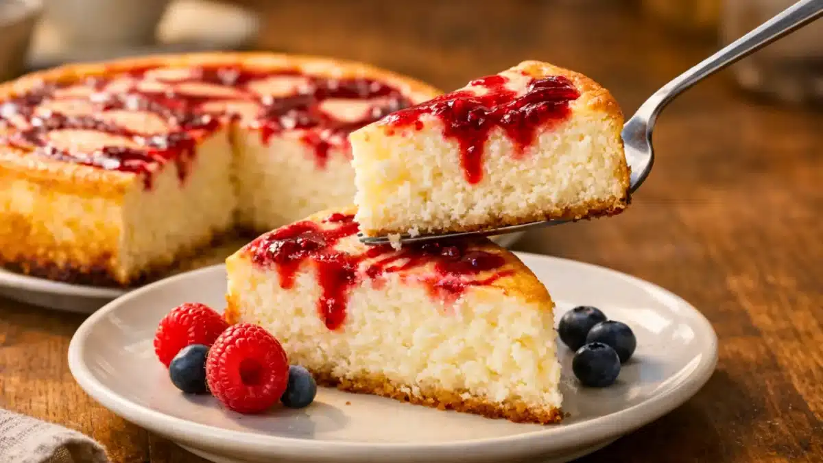Part de gâteau au fromage blanc 0 % nappée de coulis de fruits rouges, à la texture aérienne et fondante, vue en angle 45 degrés.