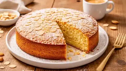 Gâteau aux amandes moelleux et doré, saupoudré de sucre glace et d’amandes effilées, avec une part découpée révélant une mie fondante.