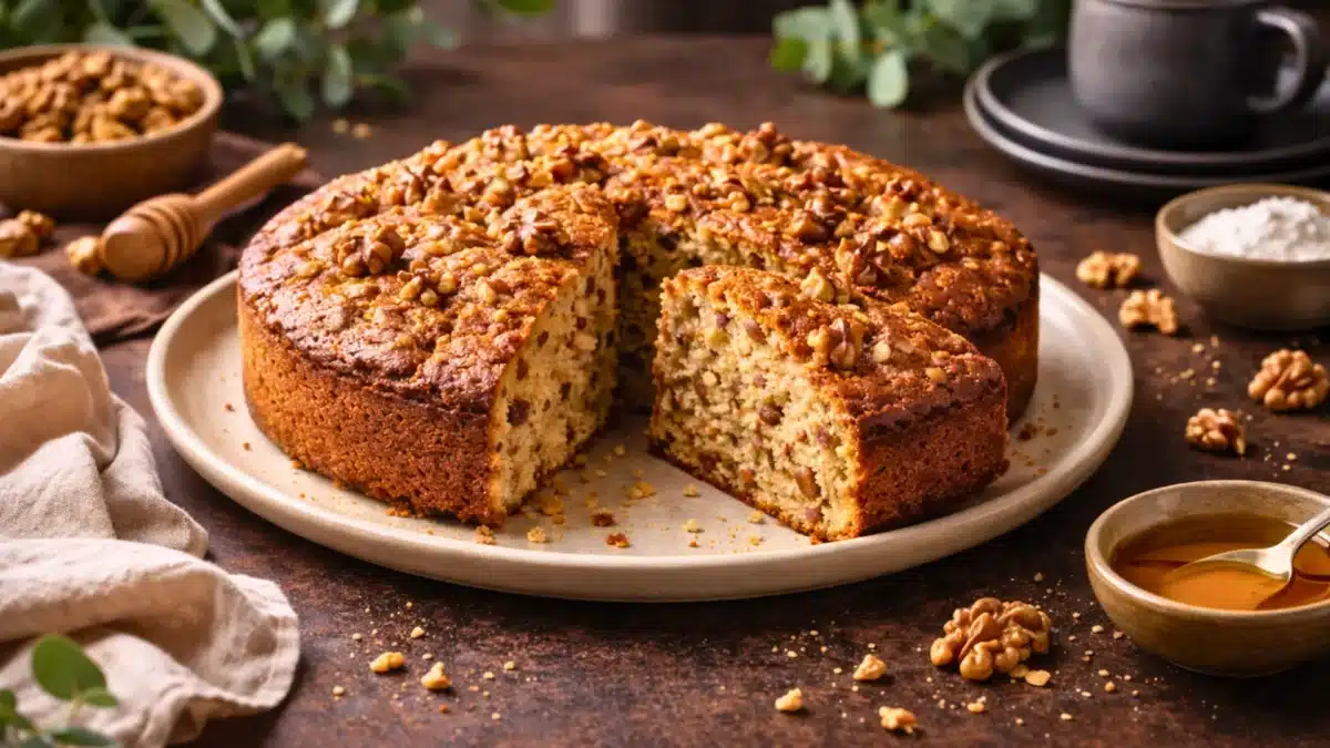 Gâteau aux noix moelleux et rustique, coupé en parts, posé sur une assiette, avec des cerneaux de noix et un décor chaleureux en arrière-plan.