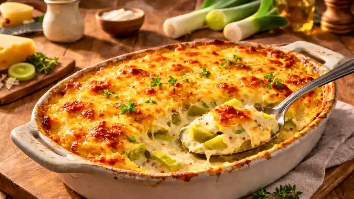 Gratin de poireaux crémeux dans un plat en céramique, avec une croûte dorée au fromage et une longue cuillère servant une portion fondante, vue à 45 degrés sur table en bois propre.