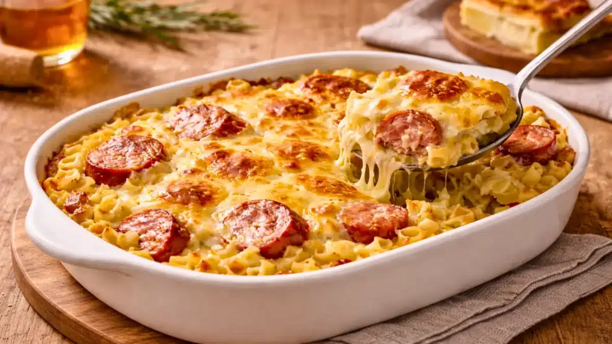 Gratin savoyard aux crozets, au reblochon fondu et à la saucisse de Morteau, servi dans un plat en céramique sur une table en bois, avec décor montagnard en arrière-plan.