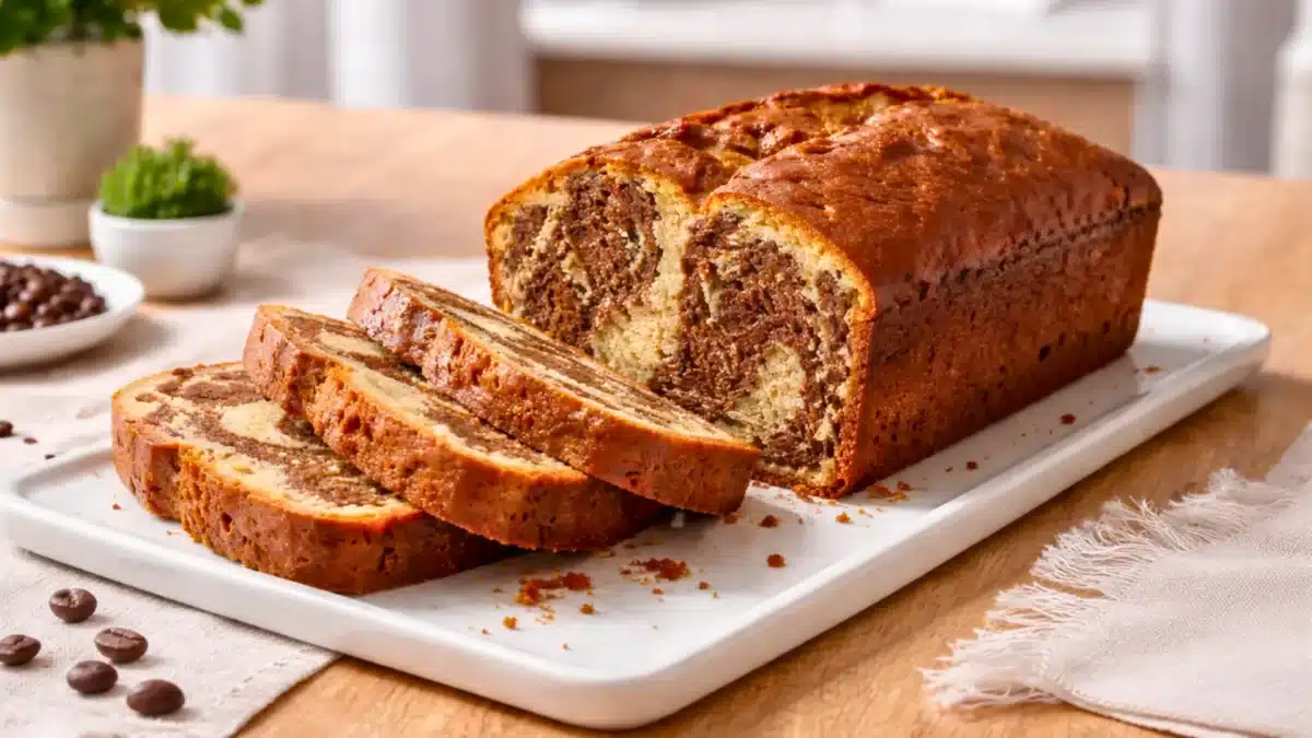 Gâteau marbré au café ultra moelleux, coupé en tranches, posé sur un plat blanc