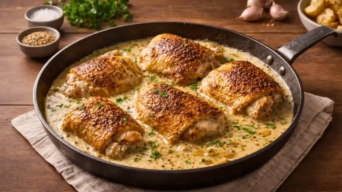 Hauts de cuisse de poulet dorés à la peau croustillante, nappés d’une sauce crème et moutarde onctueuse dans une poêle en fonte.