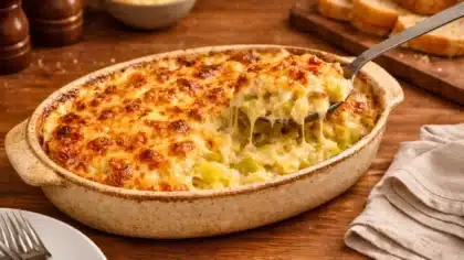 Gratin de poireaux à la moutarde ancienne et comté, à la croûte dorée, servi dans un plat en céramique avec une portion fondante soulevée à la cuillère.