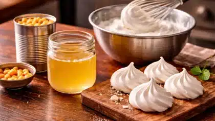 Aquafaba issue de pois chiches utilisée pour réaliser des meringues vegan, avec bol de mousse montée et ingrédients sur un plan de travail en bois