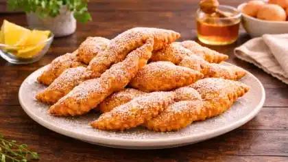 Beignets de Mardi Gras dorés et moelleux saupoudrés de sucre glace, présentés sur une assiette claire