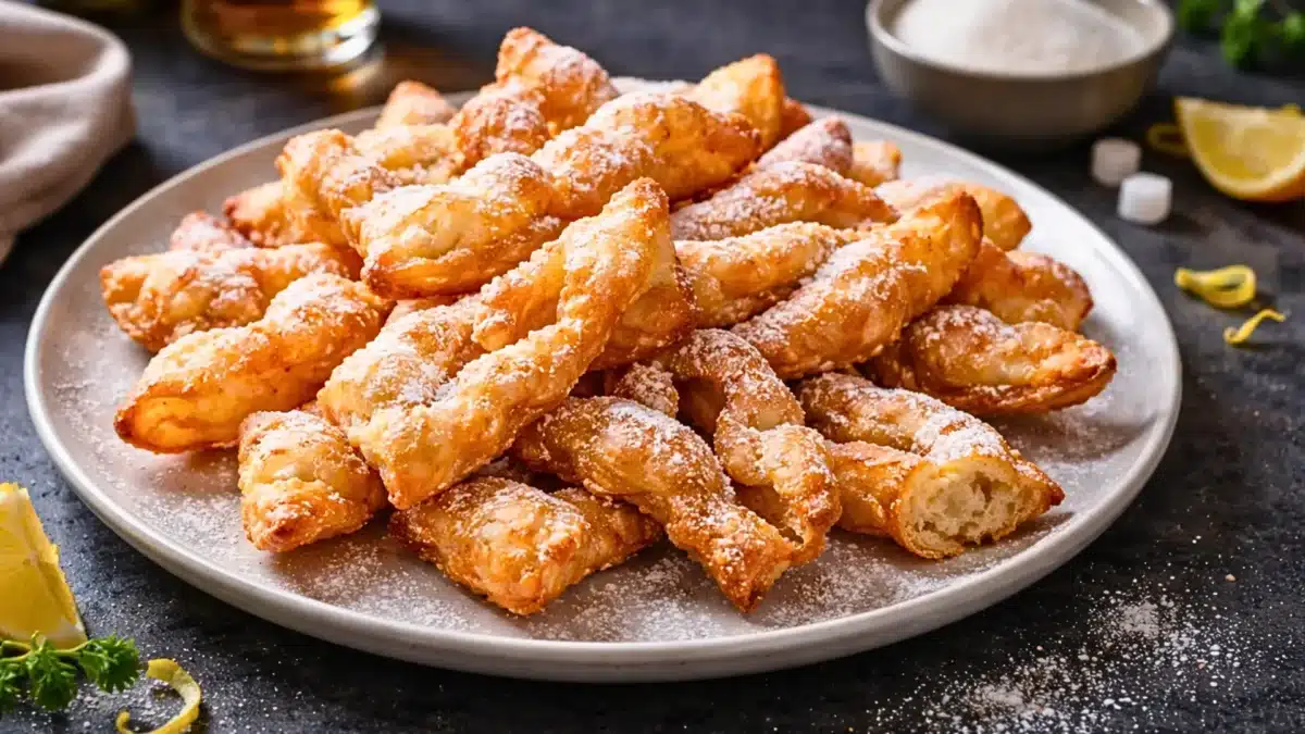 Bugnes maison croustillantes et dorées, saupoudrées de sucre glace, présentées sur une assiette pour un goûter gourmand.