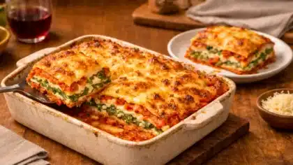 Lasagnes express à la ricotta et aux épinards dans un plat en céramique, surface dorée et gratinée, couches fondantes visibles dans une ambiance chaleureuse d’hiver.