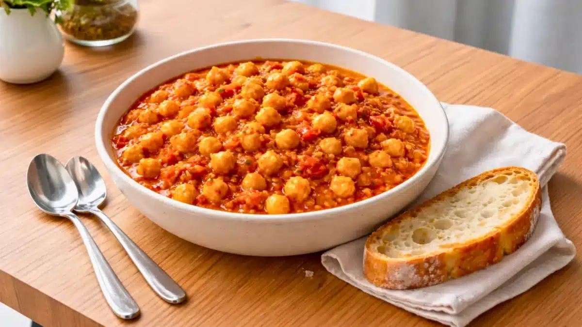 Bol de pois chiches mijotés à la tomate et à la moutarde forte, servis avec une tranche de pain rustique