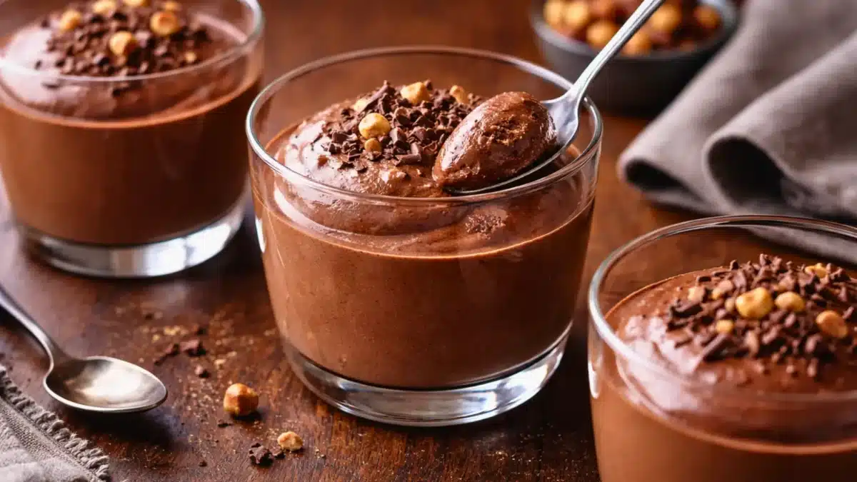 Mousse au chocolat aérienne servie en verrines, texture légère et onctueuse, décorée de copeaux de chocolat et de noisettes