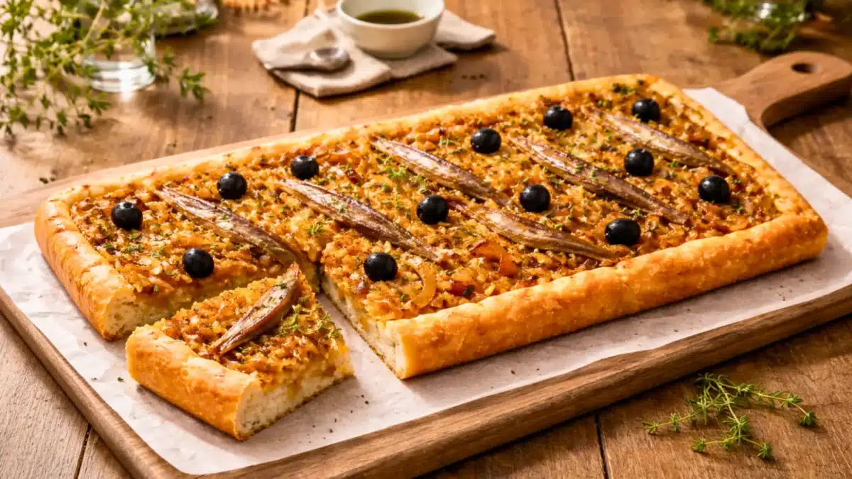 Pissaladière dorée au four garnie d’oignons confits fondants, d’anchois et d’olives noires, présentée sur un plateau en bois sous lumière naturelle.