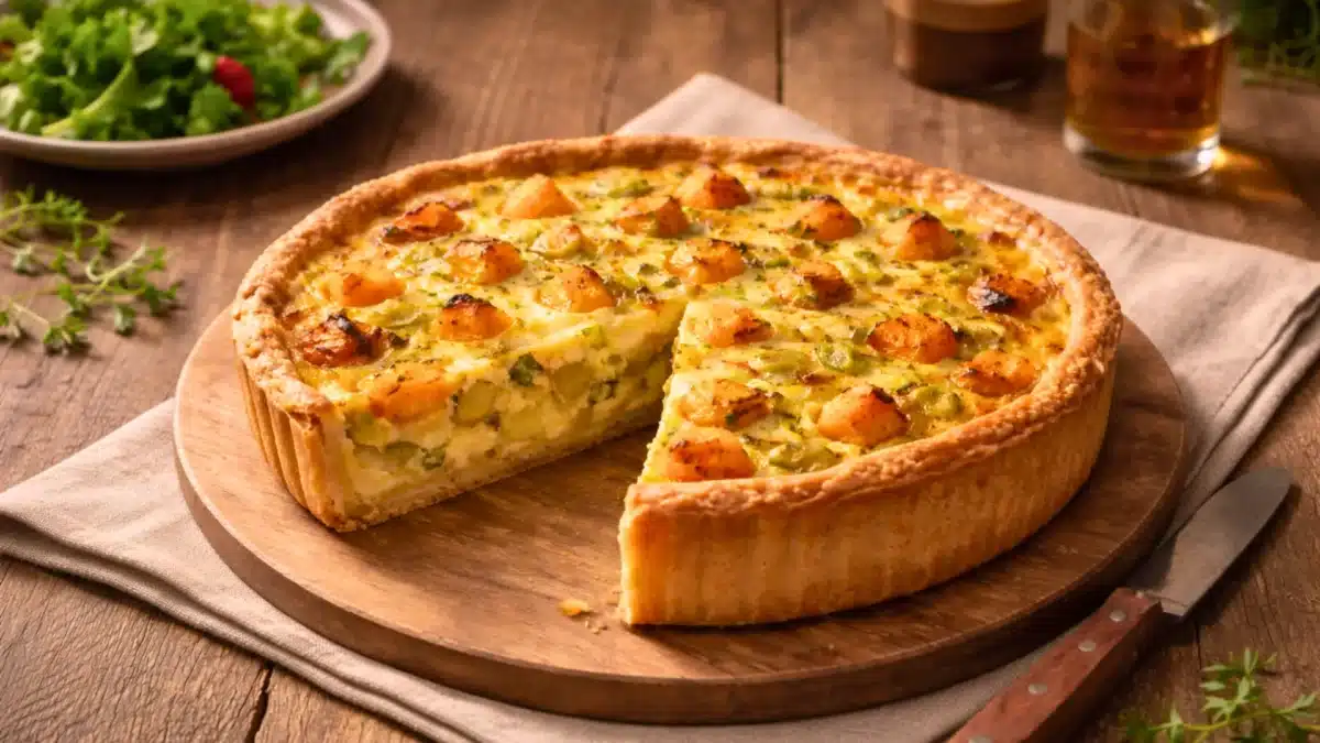 Quiche végétale butternut et poireau dorée, vue à 45 degrés, avec une part découpée révélant un cœur crémeux et une pâte croustillante sur table en bois propre.