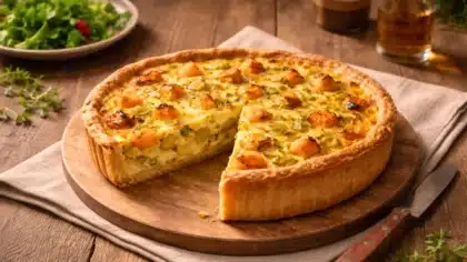 Quiche végétale butternut et poireau dorée, vue à 45 degrés, avec une part découpée révélant un cœur crémeux et une pâte croustillante sur table en bois propre.