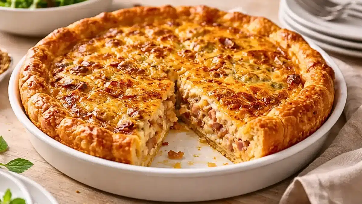 Quiche maison dorée au fromage et jambon, croustillante à l’extérieur et fondante à l’intérieur, servie dans un moule blanc