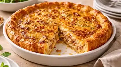 Quiche maison dorée au fromage et jambon, croustillante à l’extérieur et fondante à l’intérieur, servie dans un moule blanc