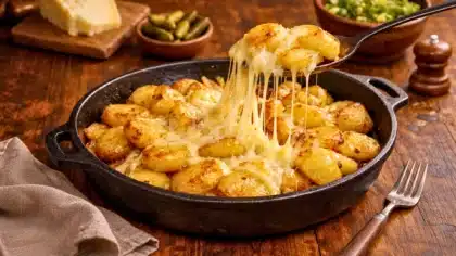 Truffade traditionnelle d’Auvergne servie dans une poêle en fonte, avec des pommes de terre dorées et des fils de fromage Cantal fondant qui s’étirent.
