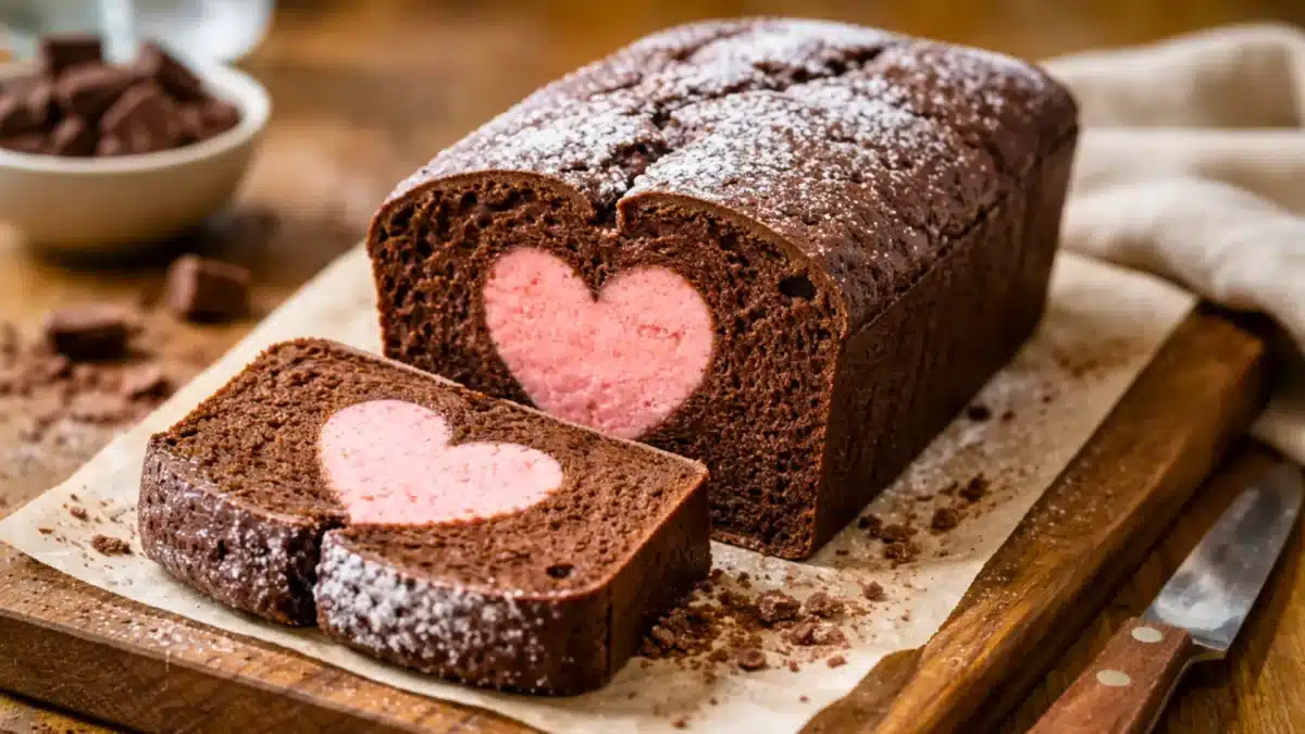 Cake au chocolat moelleux avec cœur vanille en forme de cœur visible à la découpe