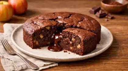 Moelleux au chocolat noir 70% et à la pomme, coupé en part, révélant une mie sombre, dense et un cœur fondant coulant au centre.