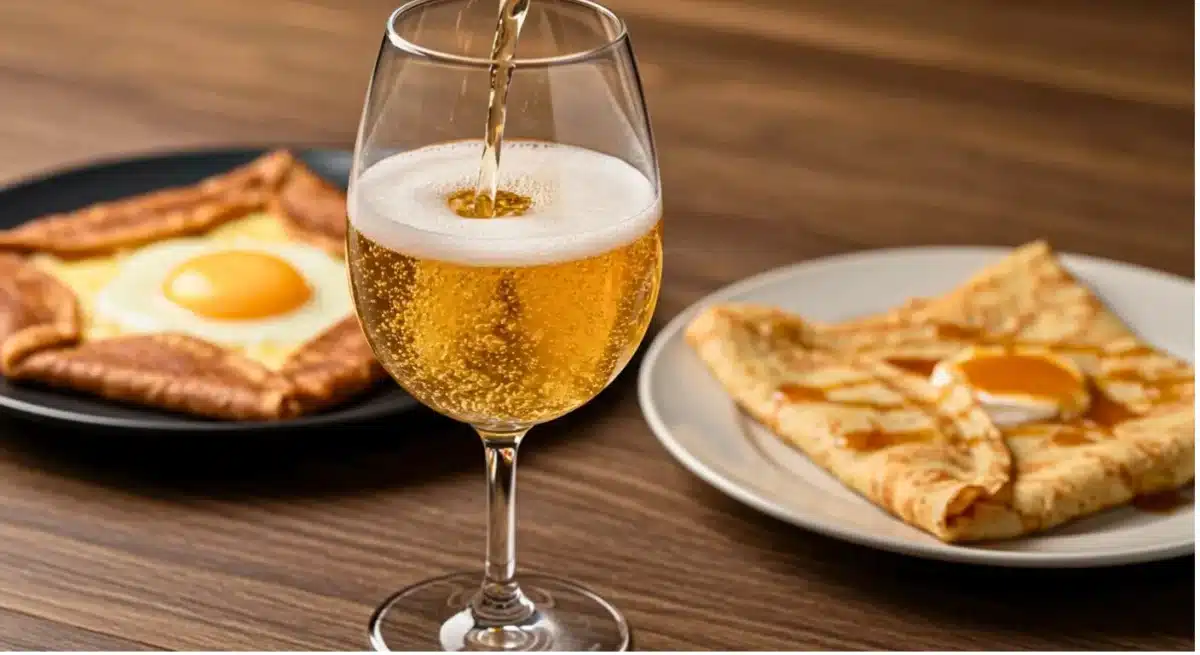Verre de cidre pétillant servi avec des crêpes, symbole de la Chandeleur.